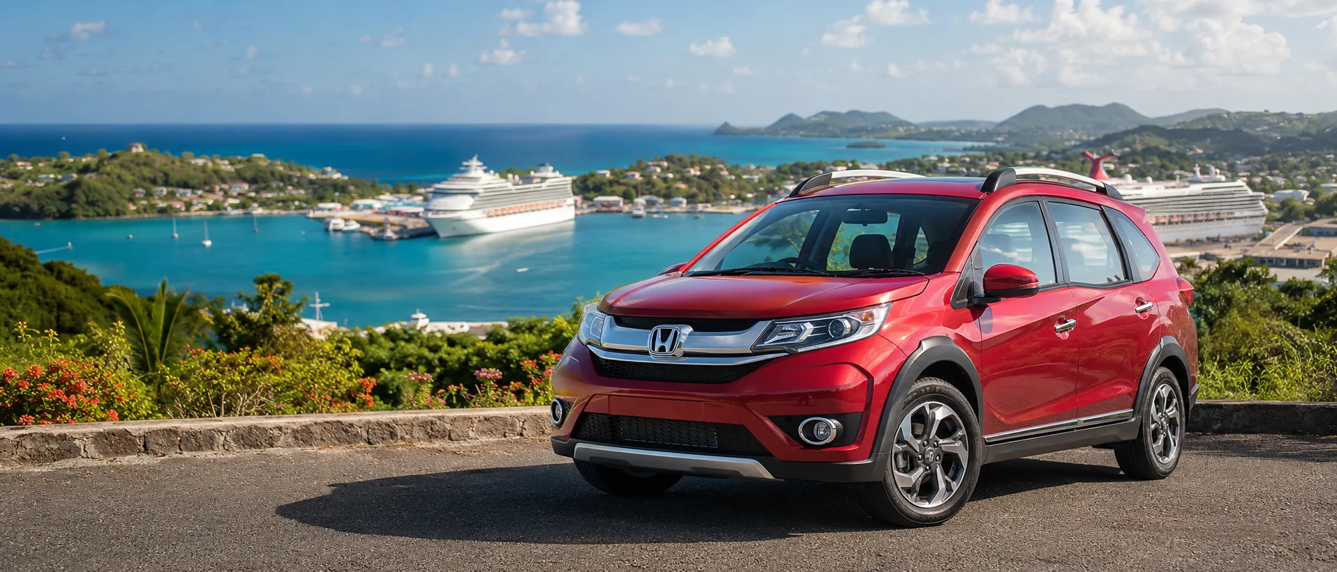 Rental SUV overlooking Castries harbour in Saint Lucia