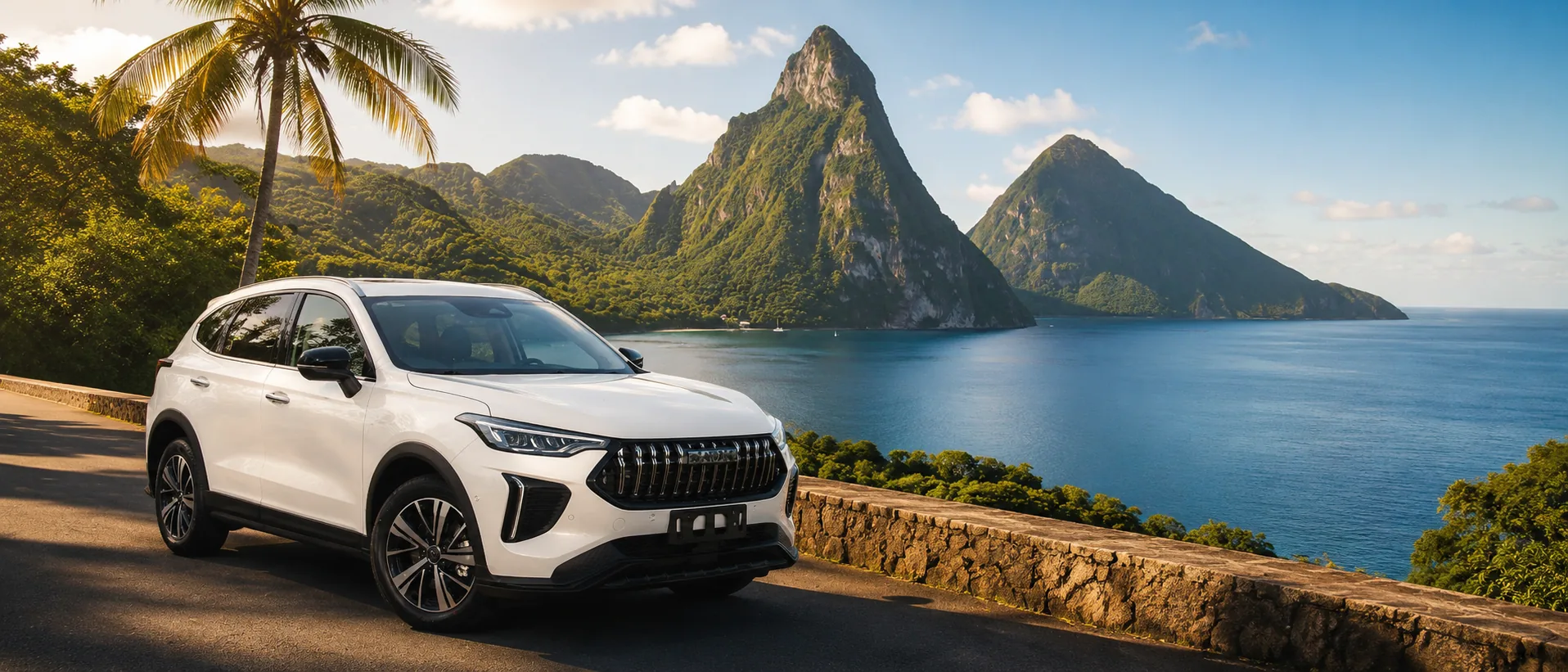 Rental SUV on a scenic road overlooking the Pitons