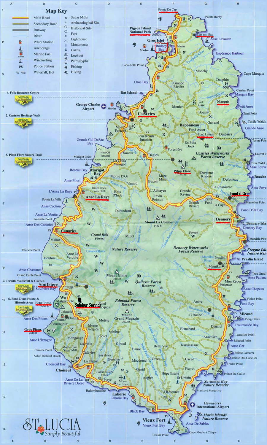 Road map of Saint Lucia for general journey-planning reference